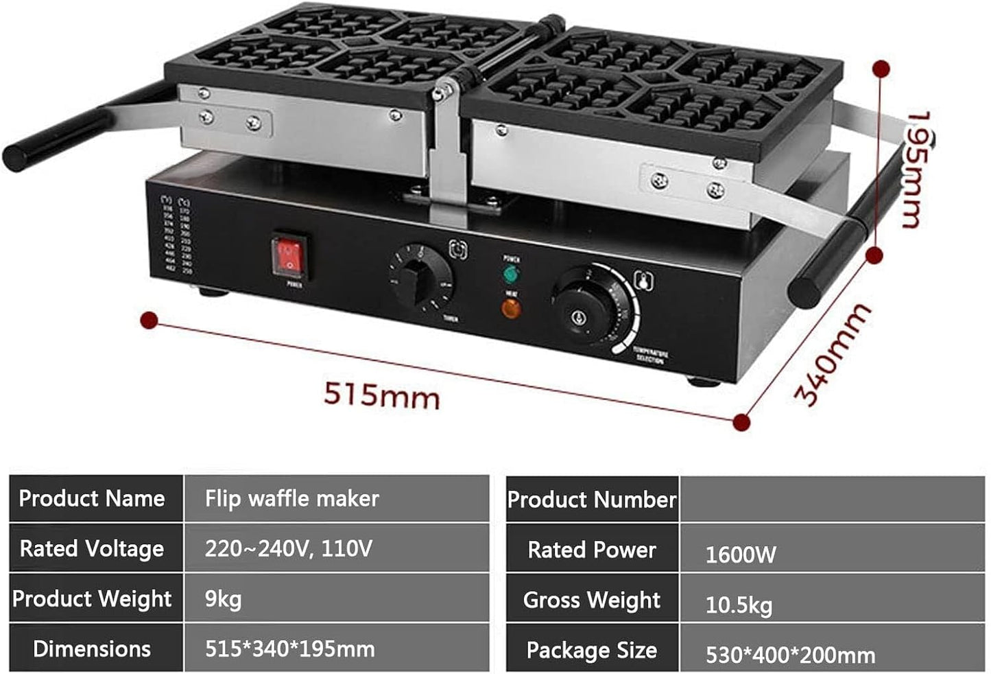 Commercial Non-Stick Electric Waffle Maker – Adjustable Temperature